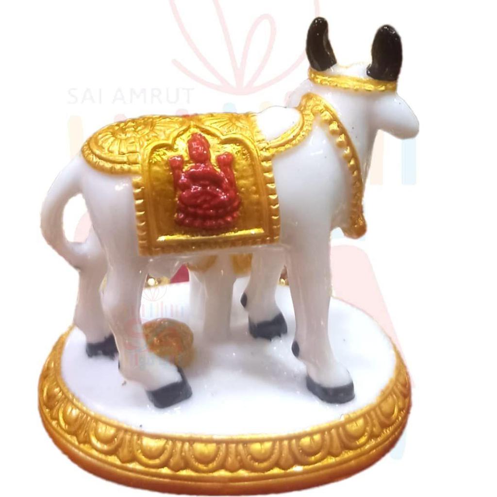 Handicraft Decorative Polystone Cow and Calf Big Statue/Idol for Gift Home Decor 3 inch (White Golden), Religious