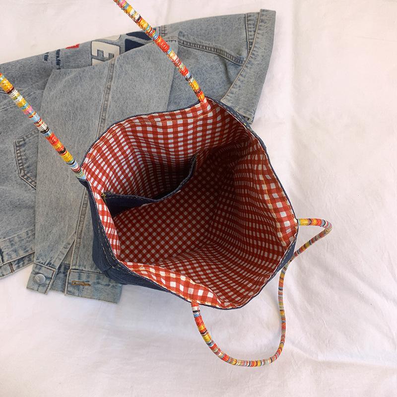 American double-sided bag plaid canvas bag women's commuter tote bag retro contrasting color hand bag spring and summer new parent-child bag