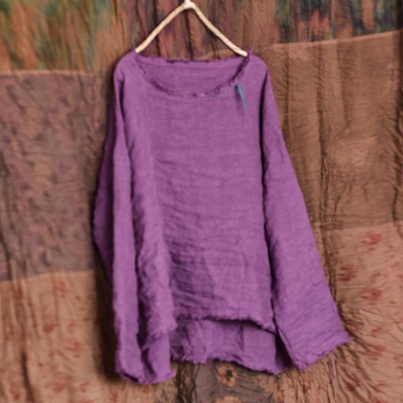 Johnature Vintage Damen T-Shirts Einfarbig Herbst T-Shirts O-Ausschnitt Langarm Stickerei Unregelmäßig Damen T-Shirts