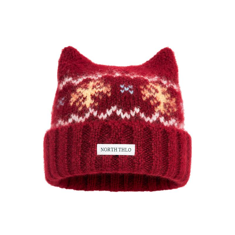 2026 autumn and winter new Fair Island wind cat ear wool hat, fleece warm cold hat, big head circumference and small knitted hat