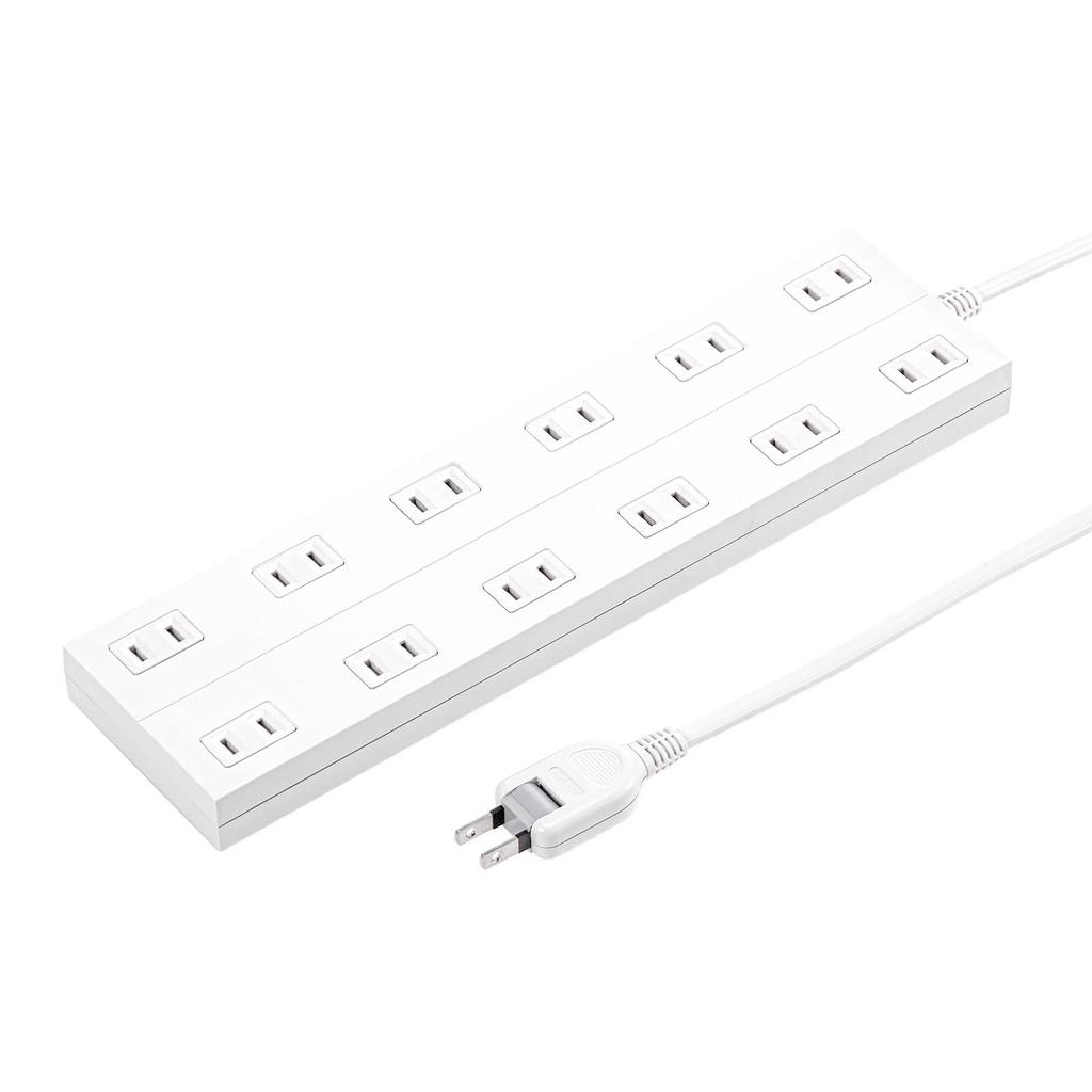 Sanwa Supply TAP-2312-5W Power Strip, 12 Outlets, 2-Pin, 5m, Magnetic Backing, Dustproof Shutter, Swing Plug, White