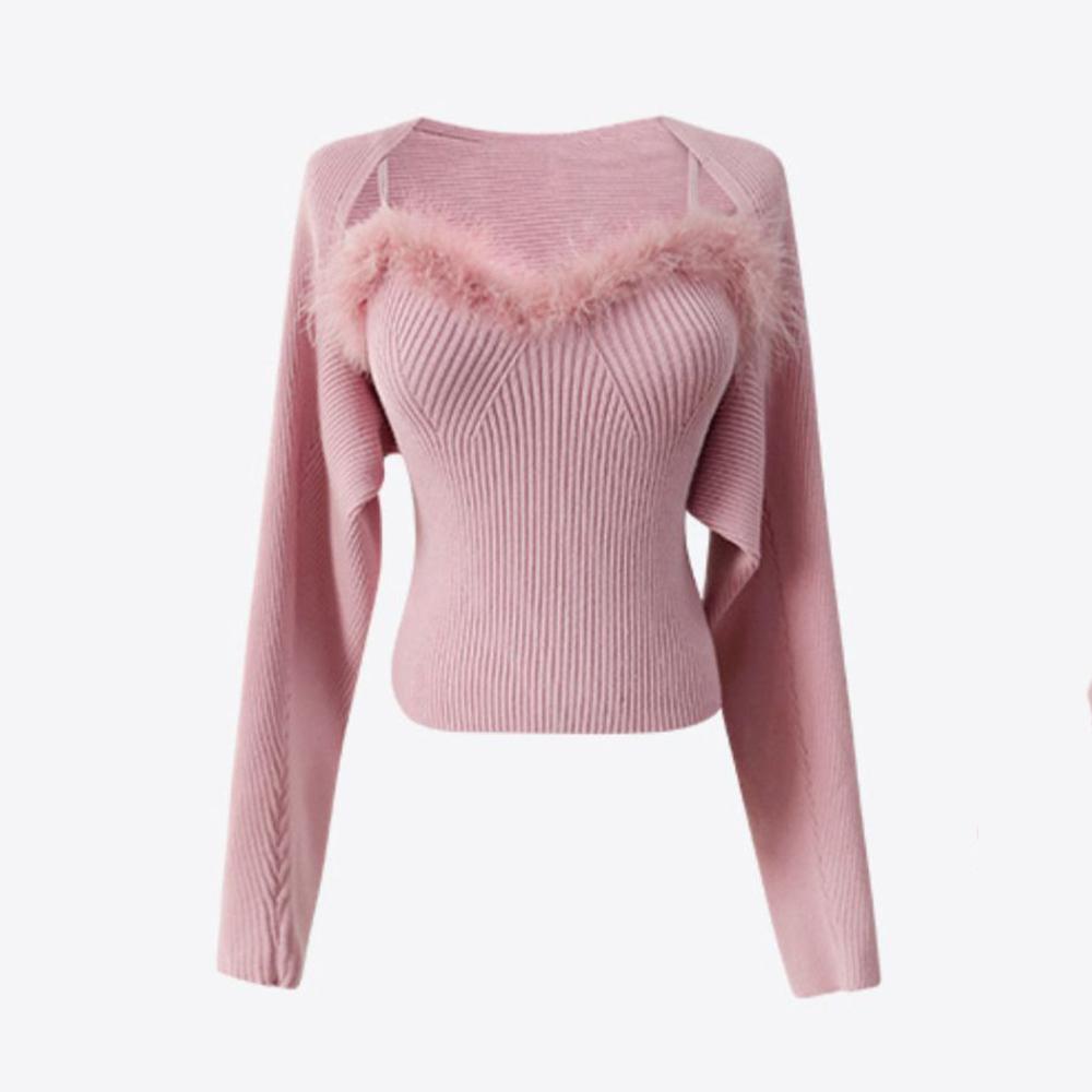Two- Piece Sweaters Women Korean Fashion Long Sleeve Knitted Cardigan Woman + Fluff Camisole Sweet Camisole Female  C-036