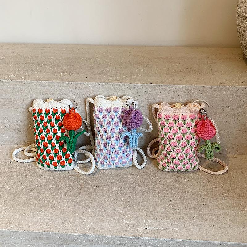 Handmade Crochet Tulip Phone Bag, Cute Color-Block Knitted Crossbody Purse for Women, Mini Shoulder Phone Pouch