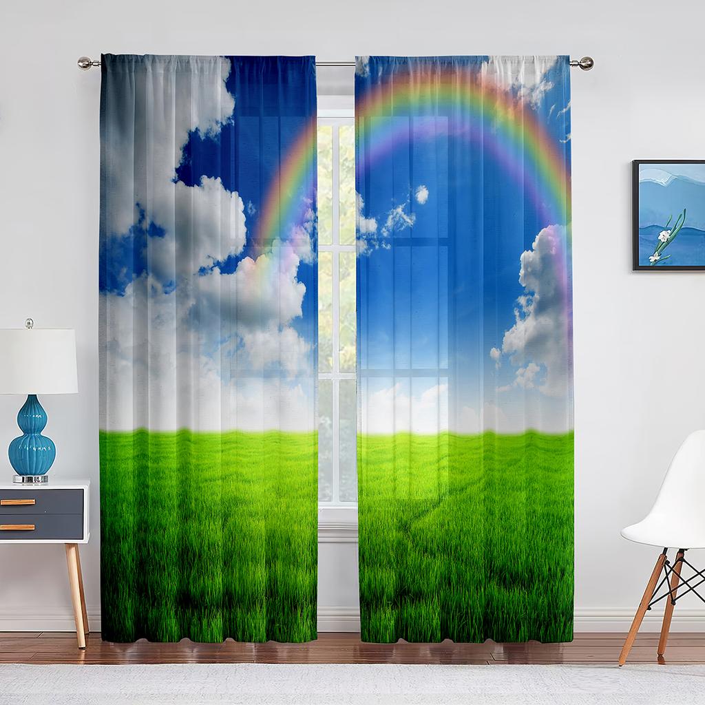 Idyllic Spring Meadow On The Mountains with Flowers Rainbow Sheer Voile Curtains for Living Room Kitchen Window Tulle Curtain