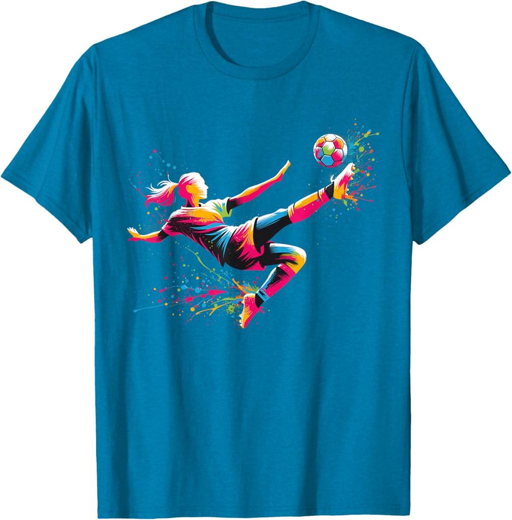 Colorful Splatter Soccer Player Kick Graphic Tee Breathable Cotton Daily Tshirt For Unisex