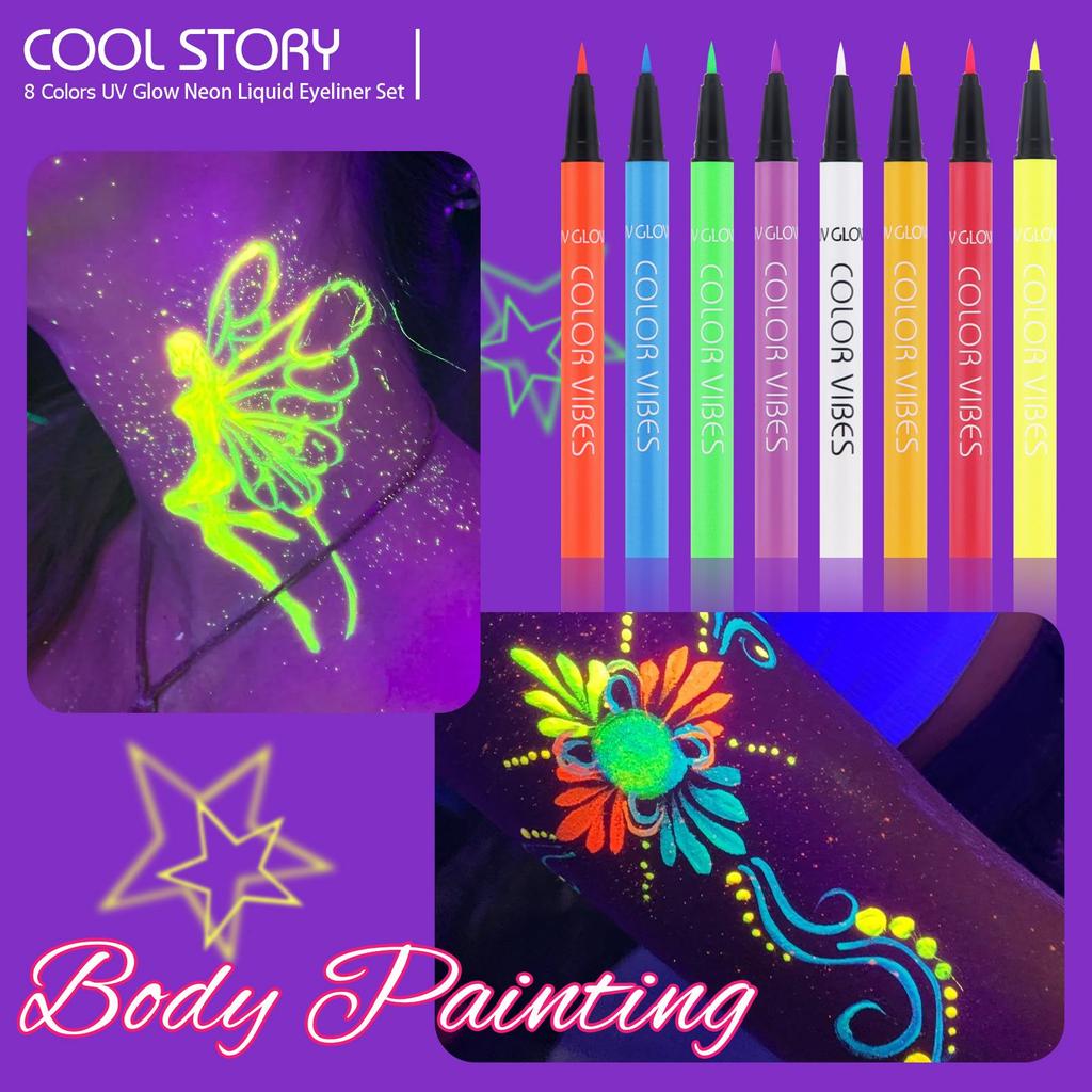 8-Piece Neon Fluorescent Eyeliner: Waterproof, Sweatproof, Quick-Dry Matte Body Paint, Glow-in-the-Dark Set.