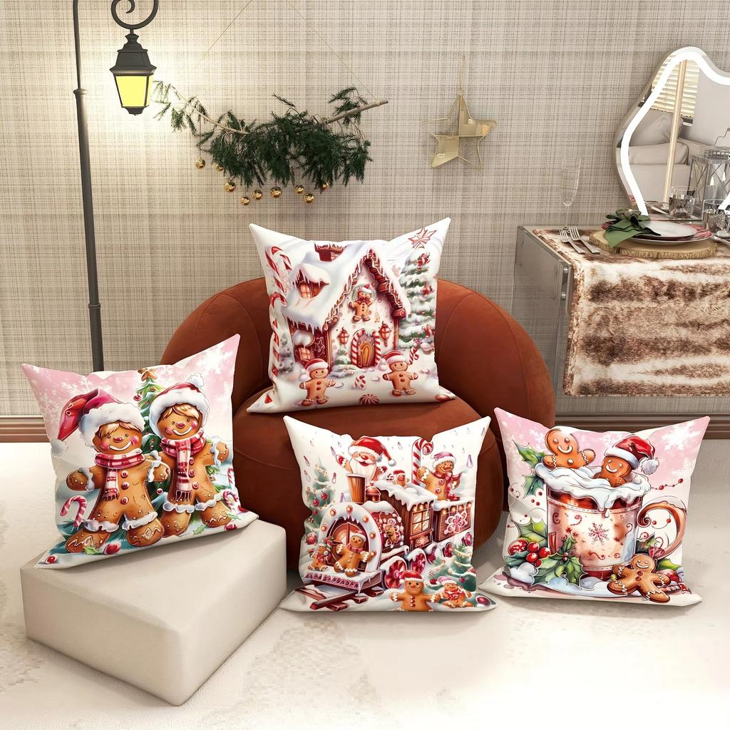 Christmas Gingerbread Man Pillow Case Cute Cookie Train House Print Soft Polyester Square Cushion Cover For Holiday Decor