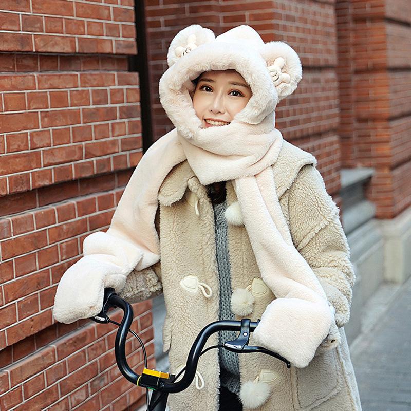 Hat Scarf Gloves One Female Winter Baby Cute Bear Three Sets Of Warm Plush Siamese Hat