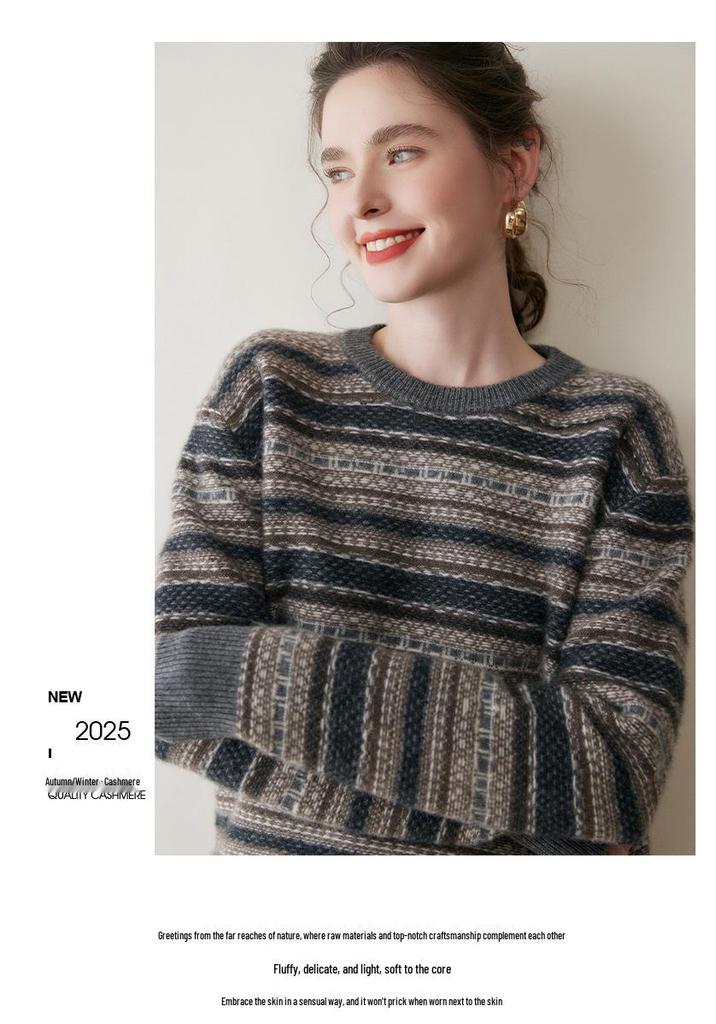 Retro kašmírový svetr Fair Isle pro ženy, Zesílený, Kulatý výstřih, Volný úpletový top