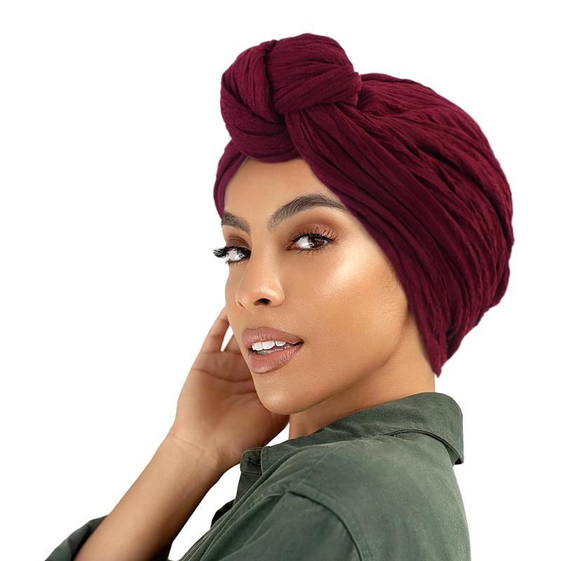 

New Women Stretch ruffle Turban Top Knotted Twisted Hairband Female Muslim Indian Hats Bonnet African Chemo Cap Hair accessories вина червоного кольору