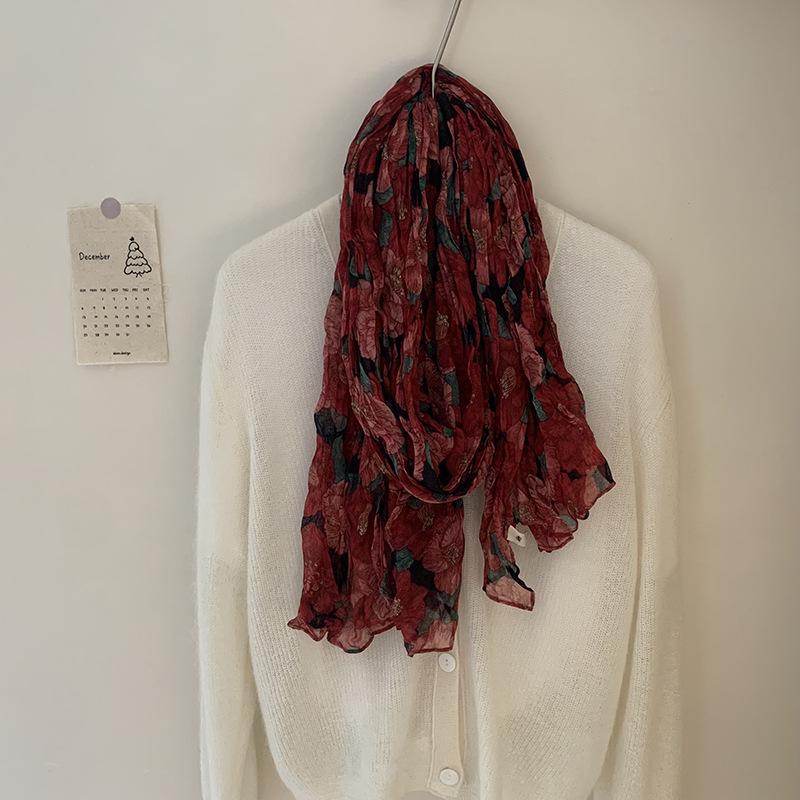 Cotton and Linen Scarf Autumn Floral Retro Silk Scarf Shawl Floral Fried Dough Twists Scarf