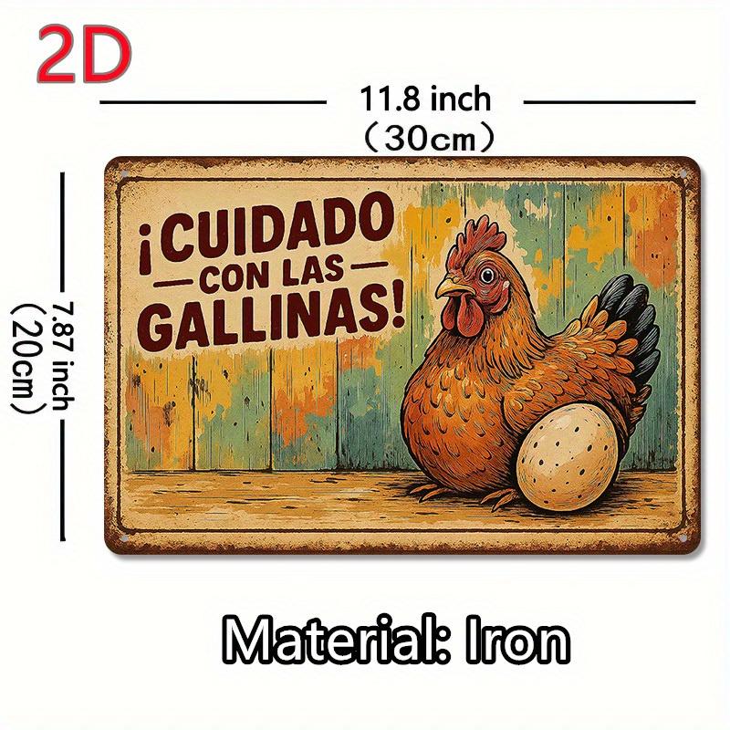 Funny Spanish Farm Chicken Warning Sign Retro Rectangular Iron Plaque Rustic Wall Art for Farmhouse Garden Gate