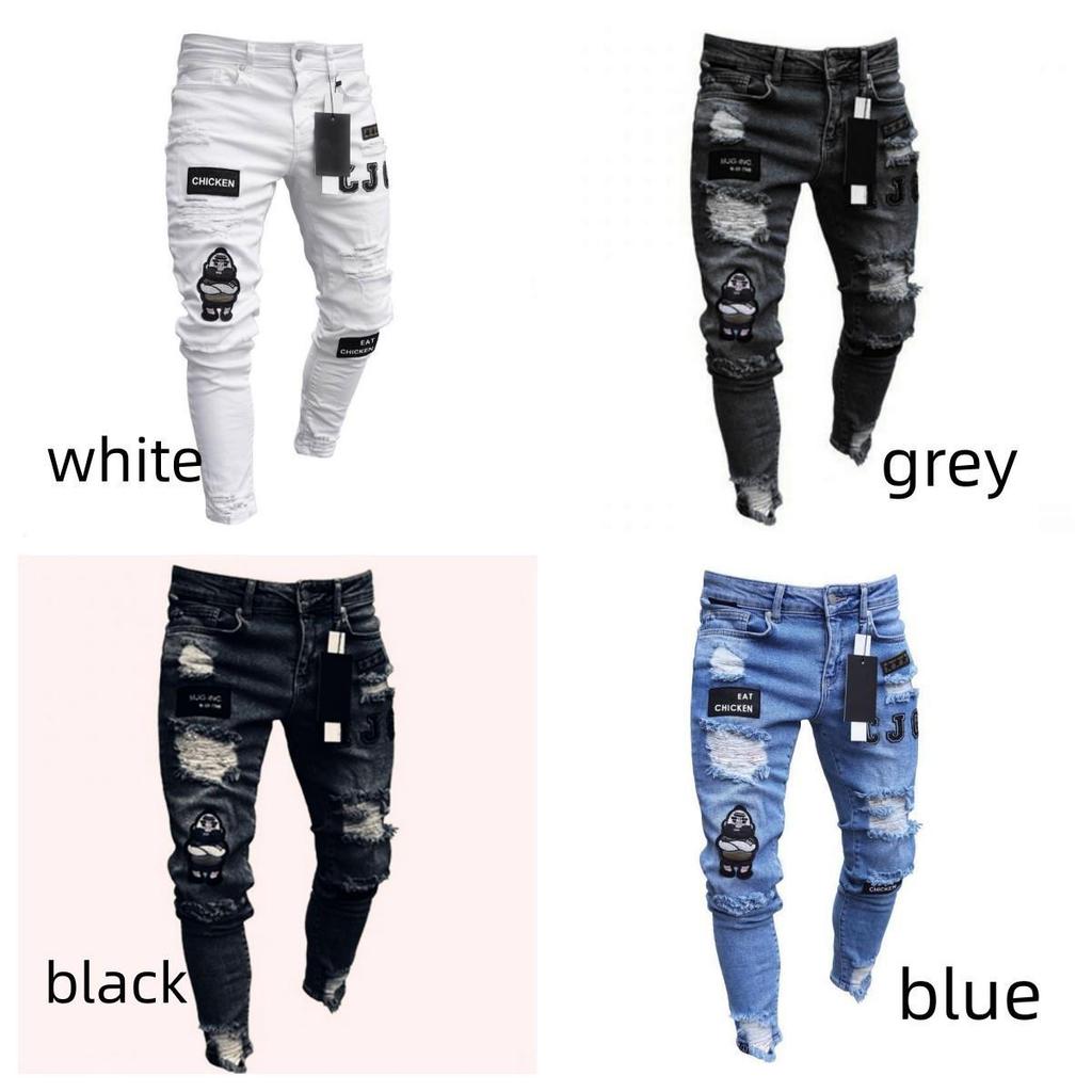 European and American Trendy Hip-Hop Ripped Badged Skinny Jeans for Men