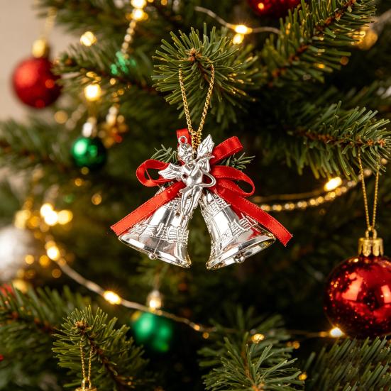 Thickened Electroplated Bell Christmas Ornament with Red Ribbon Bow, Small Jingle Gift Box Accessory Tree Hanging Decoration for Tree, Garland,
