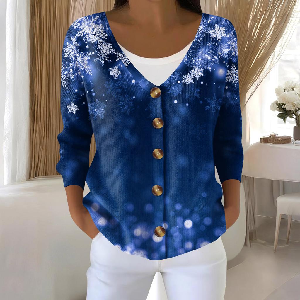 Women's Fashion Long Sleeve Christmas Snowman Snowflake Print Jacket Cardigan