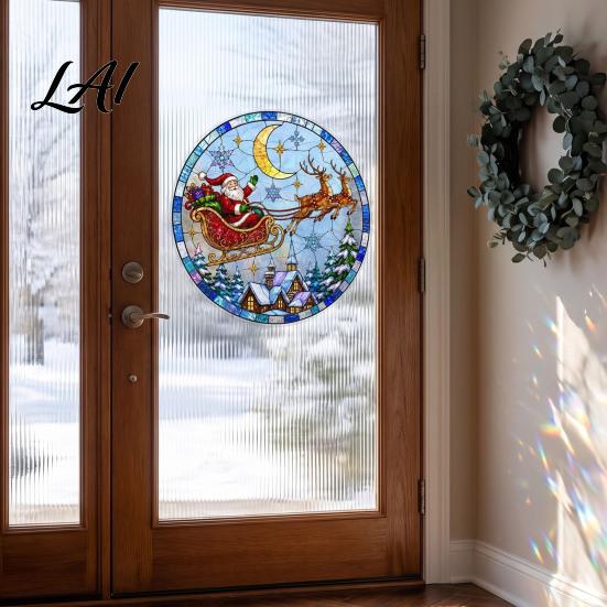 Christmas Window Decals Santa Sleigh Suncatcher Style Static Glass Cling Stained Festival Atmosphere Cling Sticker