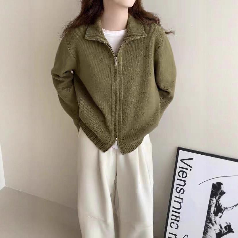 Korean Double-zipper Sweater Cardigan Jacket for Women, New Autumn and Winter Style, Laid-back Style, Soft and Loose Solid Color Knitted Sweater Top