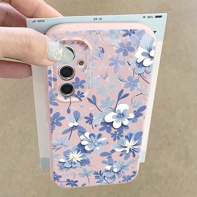 S26 Ultra Case Luxury Blue and White Flowers Pattern Leather Texture Soft Silicone Cover For Samsung Galaxy S25 Edge S24 Ultra S23 S22 Plus S21 FE