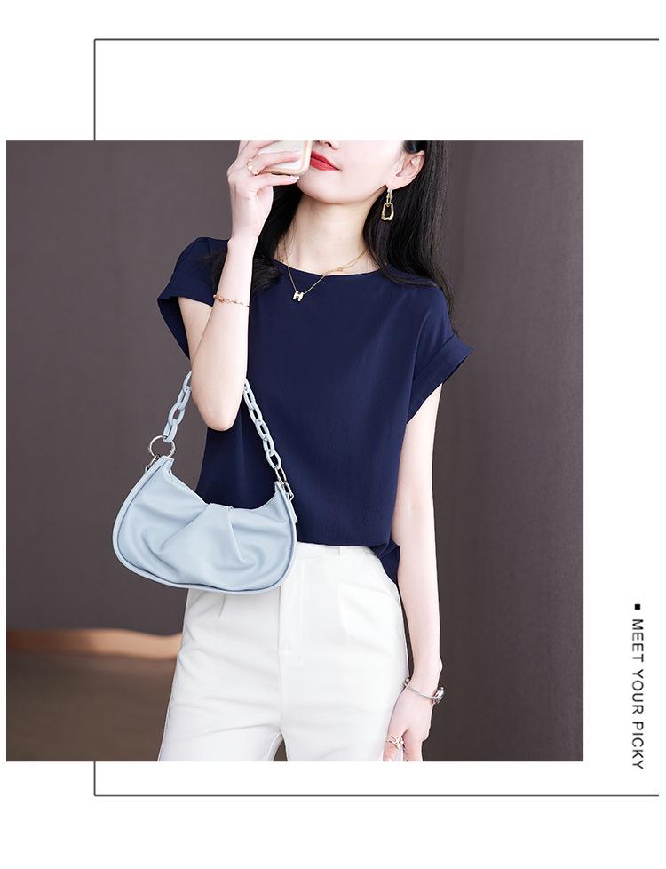 2023 Women's Slimming Short Sleeve Morandi Pink Ice Silk Cotton Casual Top