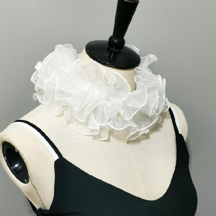 Women Organza Layering Ruffled False Collar Ribbon Tie Detachable Chokers Shawl