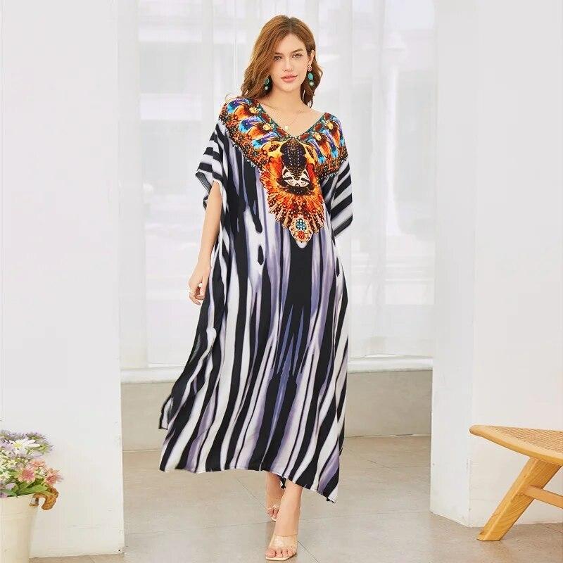EDOLYNSA Multicolored Kaftan Bohemian Printed V-neck Batwing Sleeve Maxi Dress Women Beachwear Half Sleeve Maxi Dress Robe Q1342