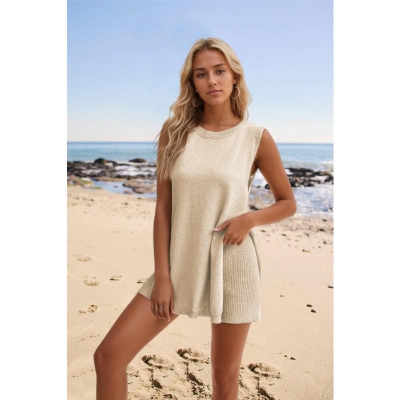 Letní dámský šortkový oblek Volný ležérní kulatý výstřih Vesta Šortky Pletený oblek