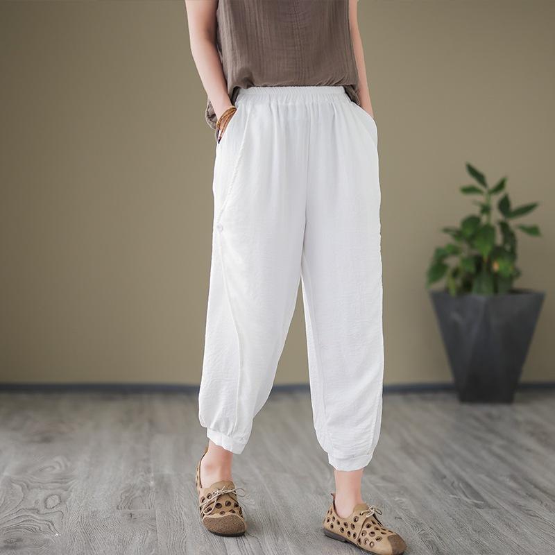 Wenyi Fan loose large size solid color cotton and linen casual pants women's summer new thin versatile elastic waist nine-point leggings