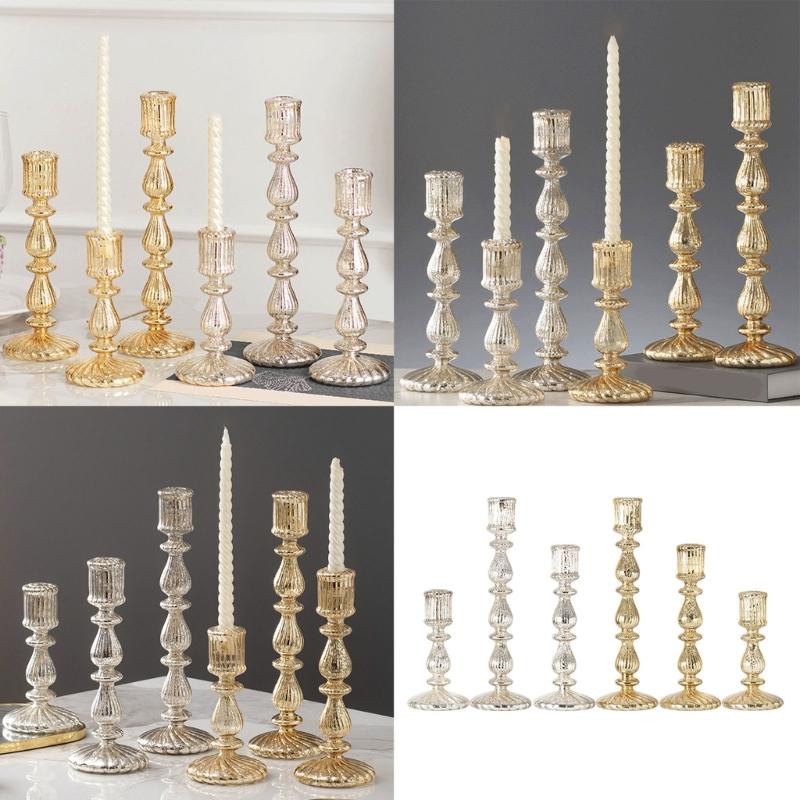 Candle Stick Holders Tapers Candle Holders Ribbed Glass Candlestick Holders with Wide Round Base for Dining Table Shelf Display, Home Accent, and