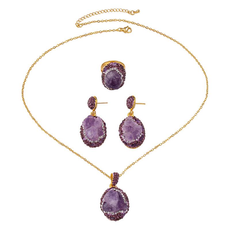 Niche Luxury Brazilian Amethyst Three-Piece Jewelry Set: Raw Stone Earrings, Ring & Necklace for Women