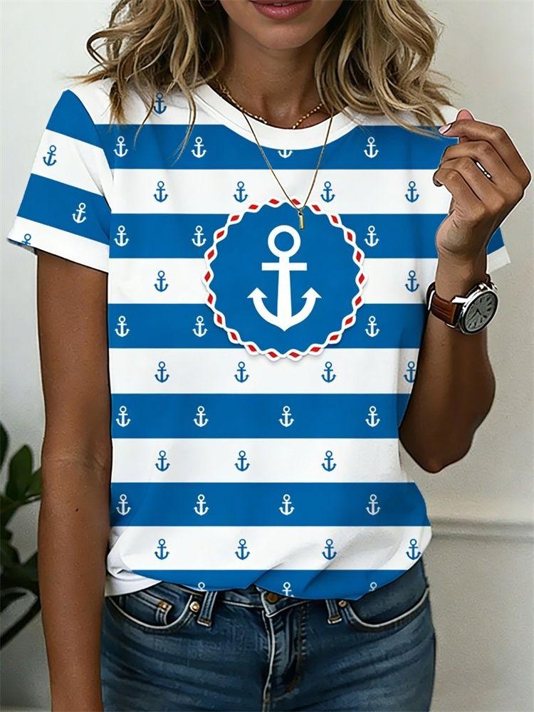 Summer Anchor Stripe 3D Print T-Shirts Women Casual Short Sleeve Round Neck T Shirt Harajuku Y2K Tees Top Female Street Clothing