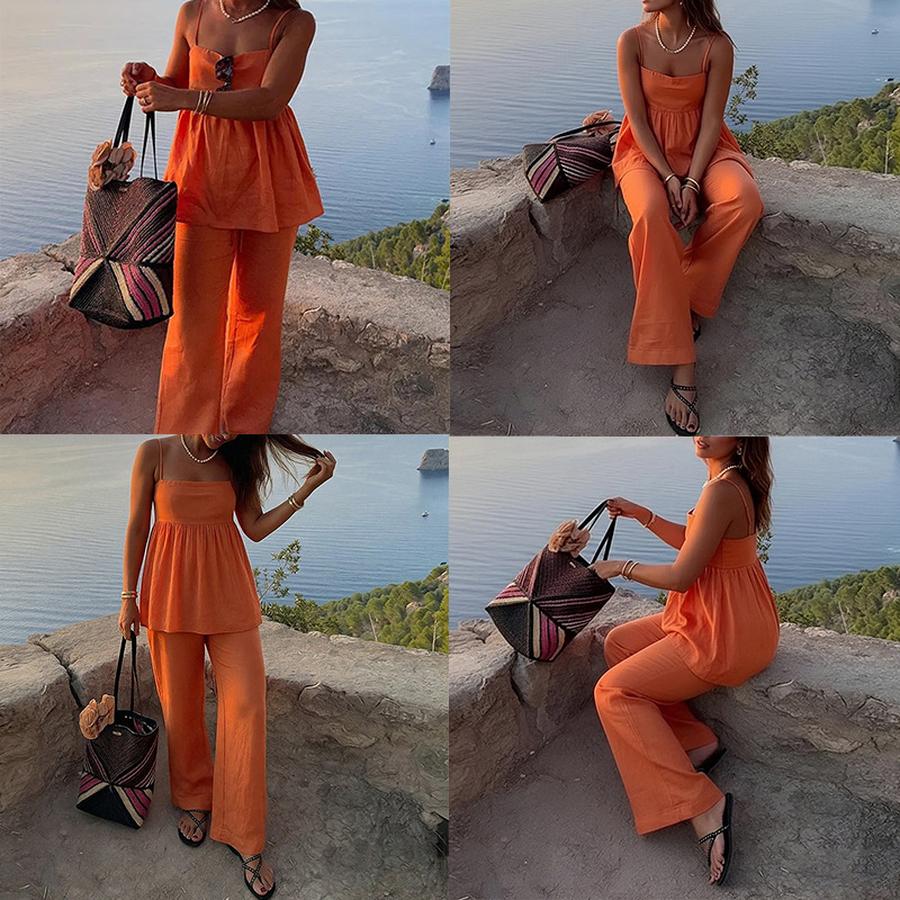 Spring New Arrivals Women's Wear Casual Workwear Solid Color Strappy Straight Leg Pants Fashion Set