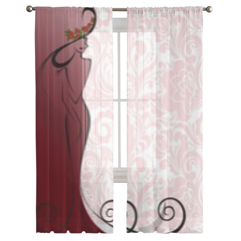 Silhouette Slender Woman In A Long Dress And Hat Floral Chiffon Sheer Curtains Living Room Bedroom Window Voiles Tulle Curtain