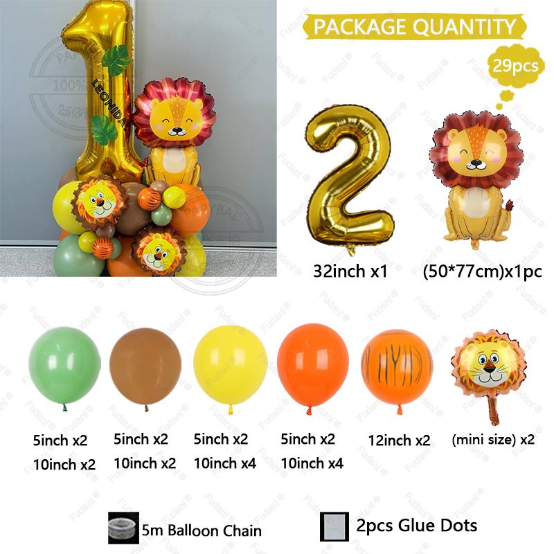 Set de 29 ballons dorés Chiffres 1-9 Anniversaire Ballon Lion Dessin Animé Thème Animaux de la Jungle Décoration de Fête Accessoires Photo Festival