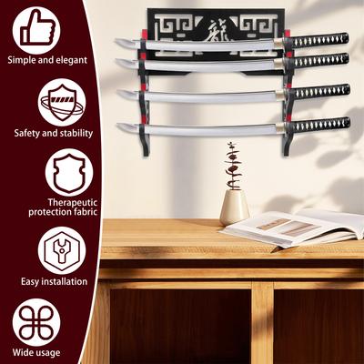2/4 Layer Wooden Sword Stand Wall Mounted Samurai Sword Display Stand Fine Black Katana Display Rack for Home Office Decoration