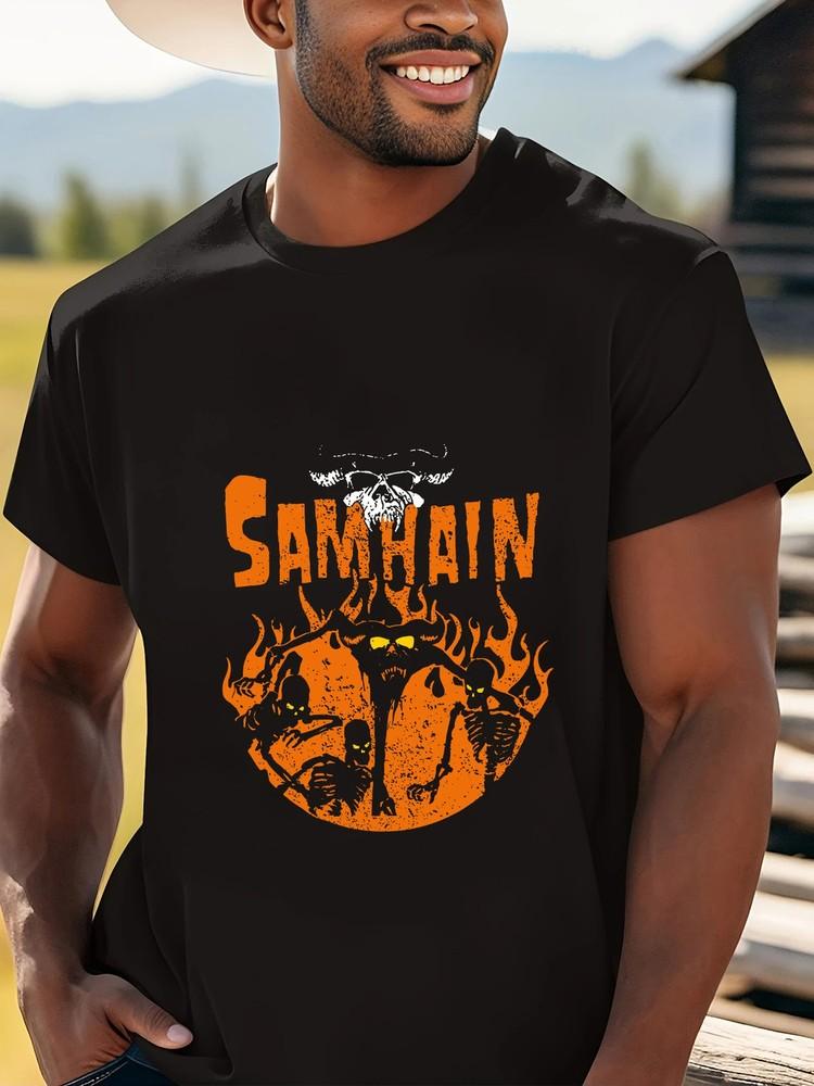 

Men S Samhain Graphic Tee - Casual Black Cotton T-Shirt with Orange and Yellow F XL