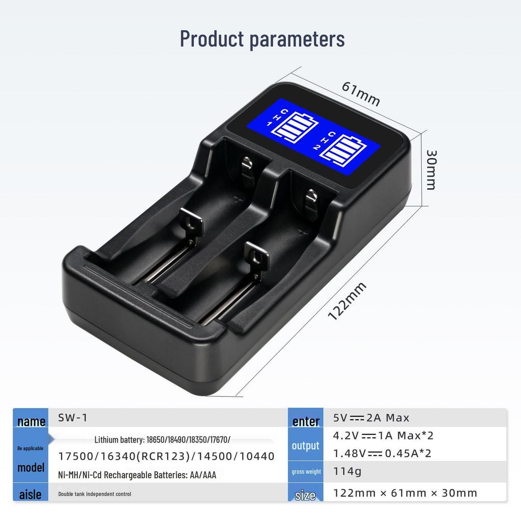 Zwei-Schlitz-LCD-Ladegerät für AA/AAA/18650 NiMH/Li-Ionen-Akkus, Automatischer Stopp bei vollständiger Ladung