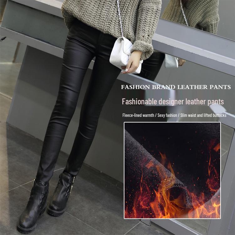 Women's High-Waisted Plush-Lined Black Leggings - Slimming Korean Style for Autumn/Winter