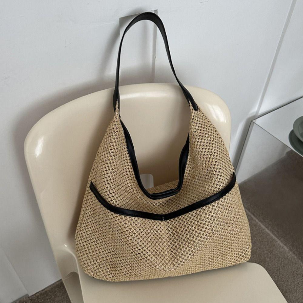 Large Capacity Straw Shoulder Bag with Pocket Underarm Tote Bag Trendy Woven Handbag  Outdoor