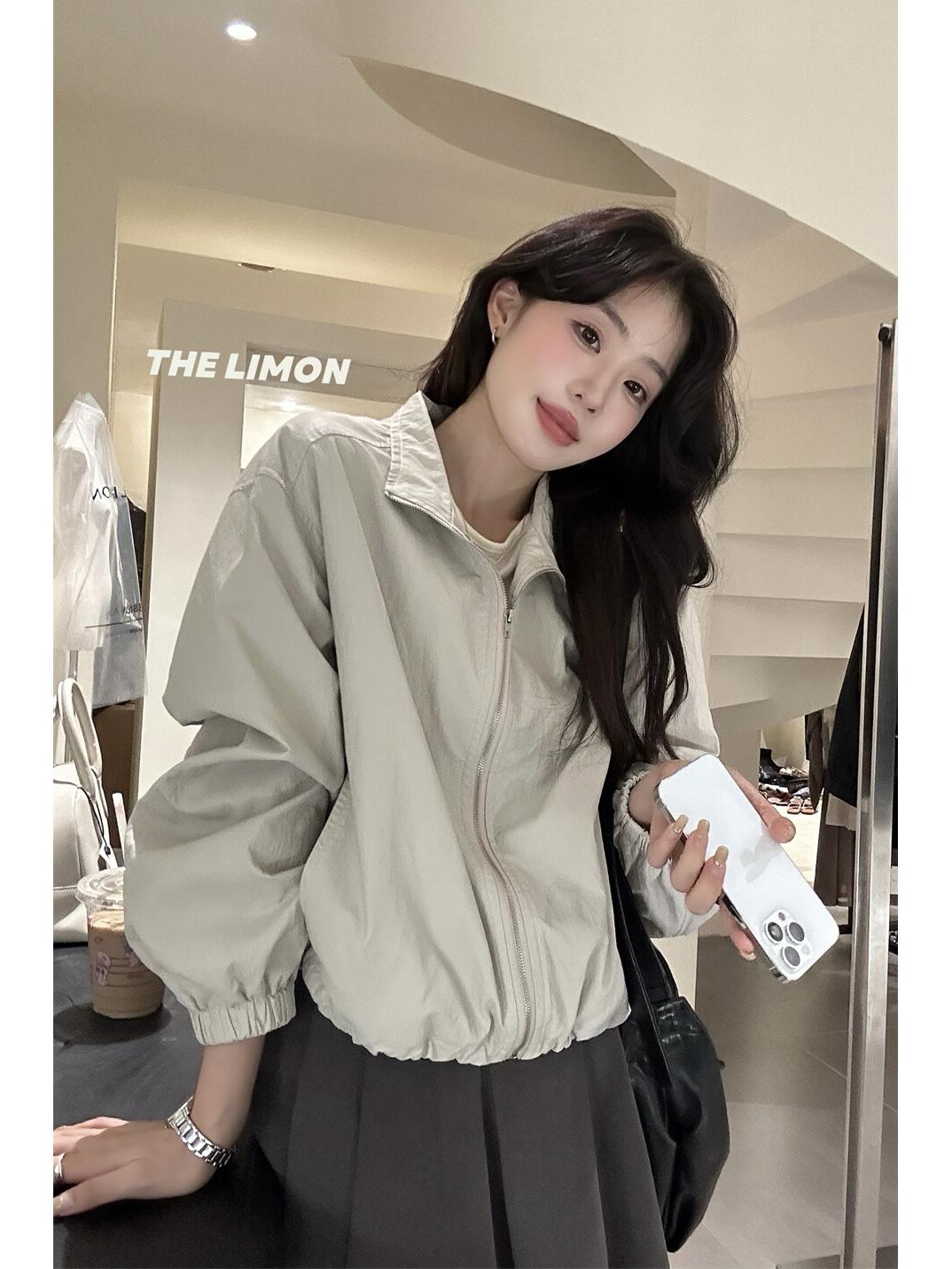 

Лимонная куртка из короткой кожи с воротником-стойкой и кулиской - Женский трендовый осенний дизайн Зеленый чай One Size абрикосовый