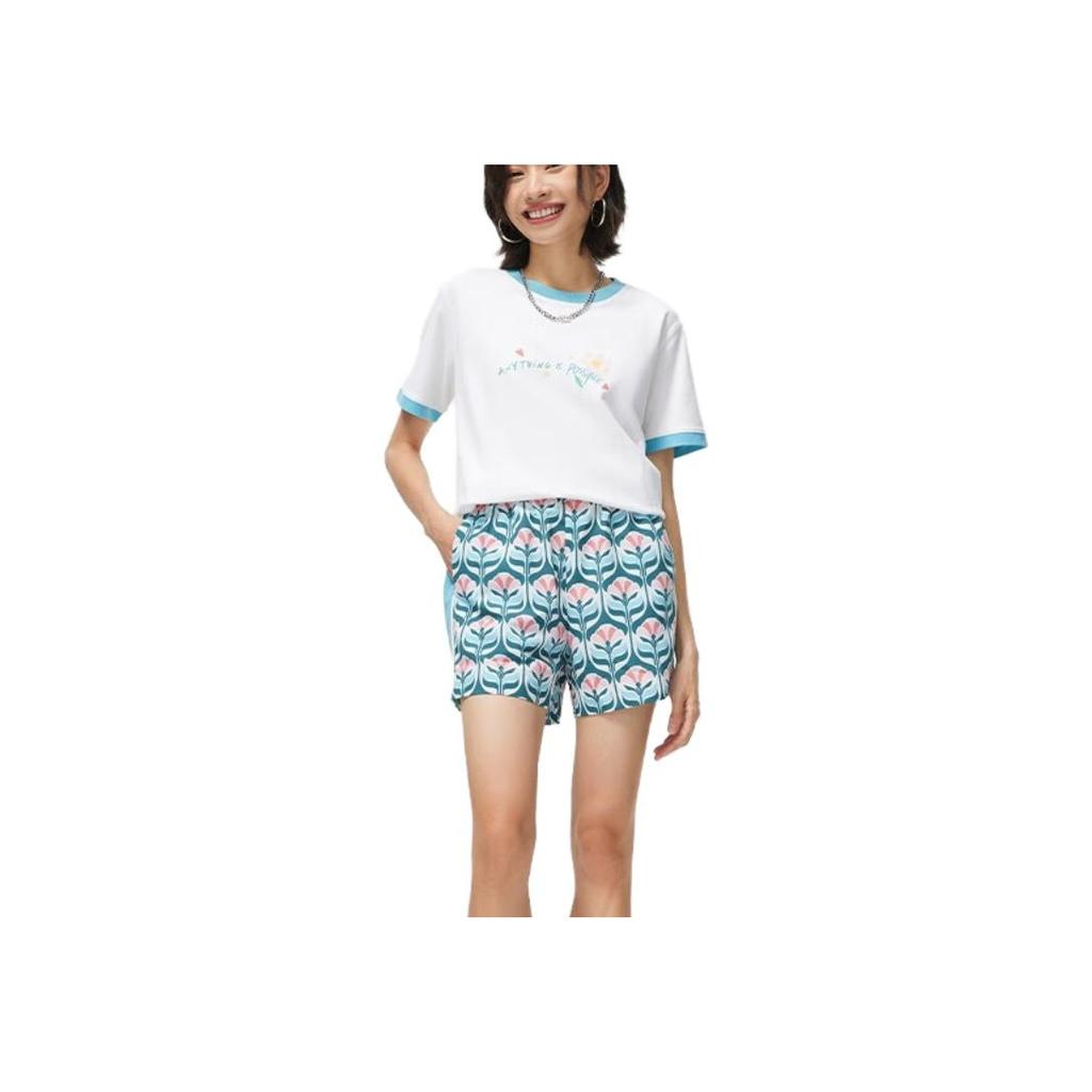 Li-Ning Letter Color Block Crew Neck Pullover Short Sleeve T-Shirt Women Tops Cream AHST488-1