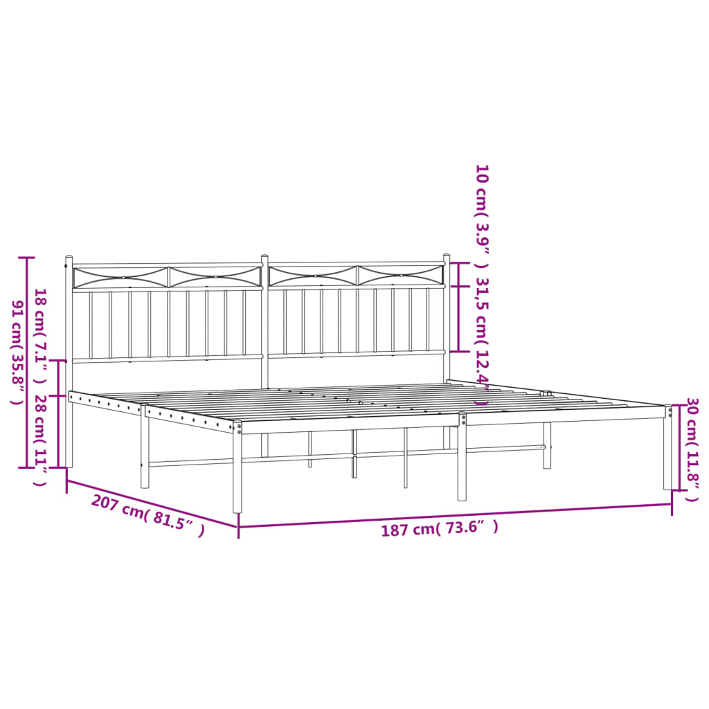 Metal Bed Frame with Headboard Black 180 X 200 Cm