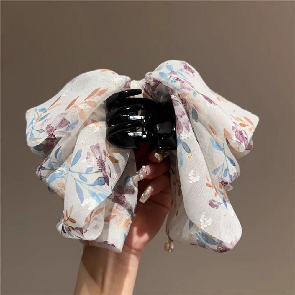 French Style Chiffon Hair Claw Large Women Hair Grab Clip Crystal Bow Shark Clip Daily