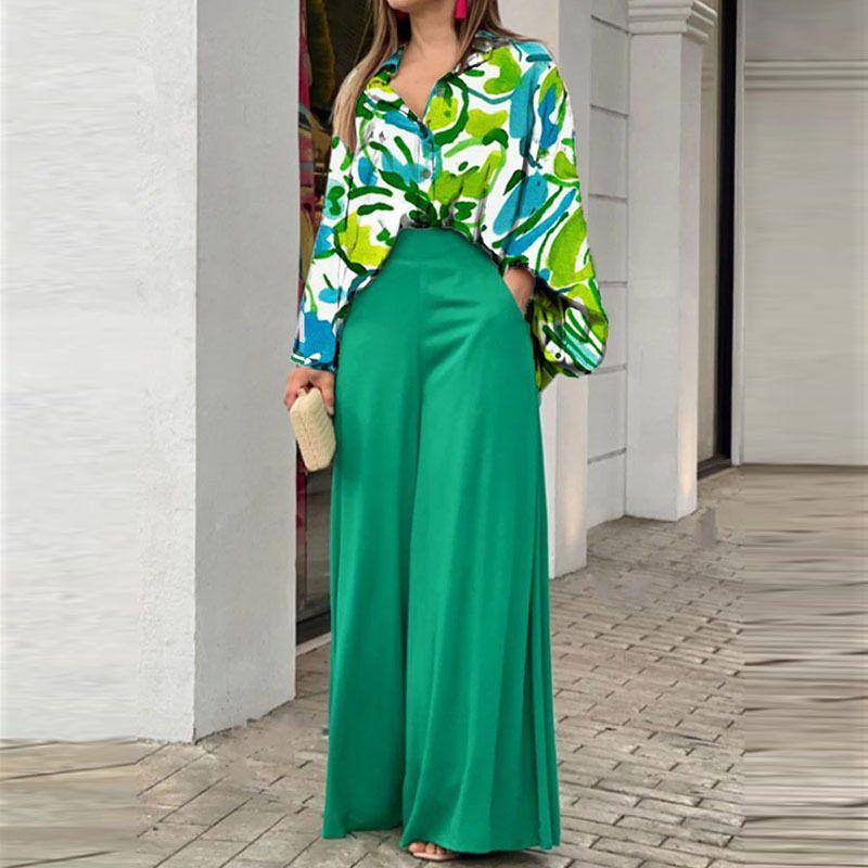 

2026 Spring European and American Women s Fashion Loose Casual Elegant Set Printed Shirt Top Wide-Leg Pants Fashion Set for Women Turquoise M