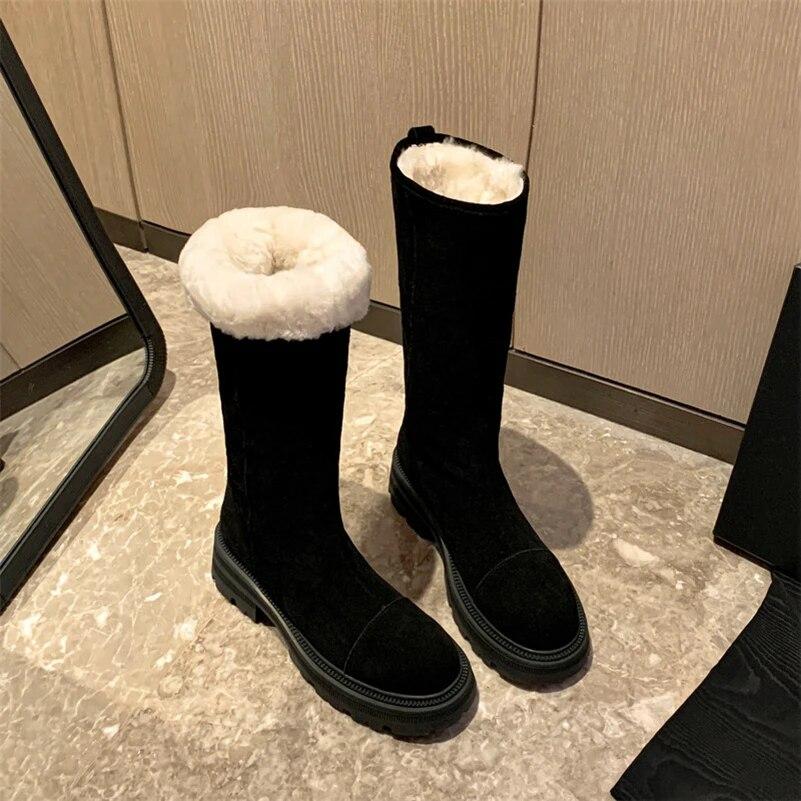Meotina Bottes mi-mollet en cuir véritable pour femmes, bout rond, talons épais, plateforme, laine, daim, chaussures de mode pour dames, hiver 40