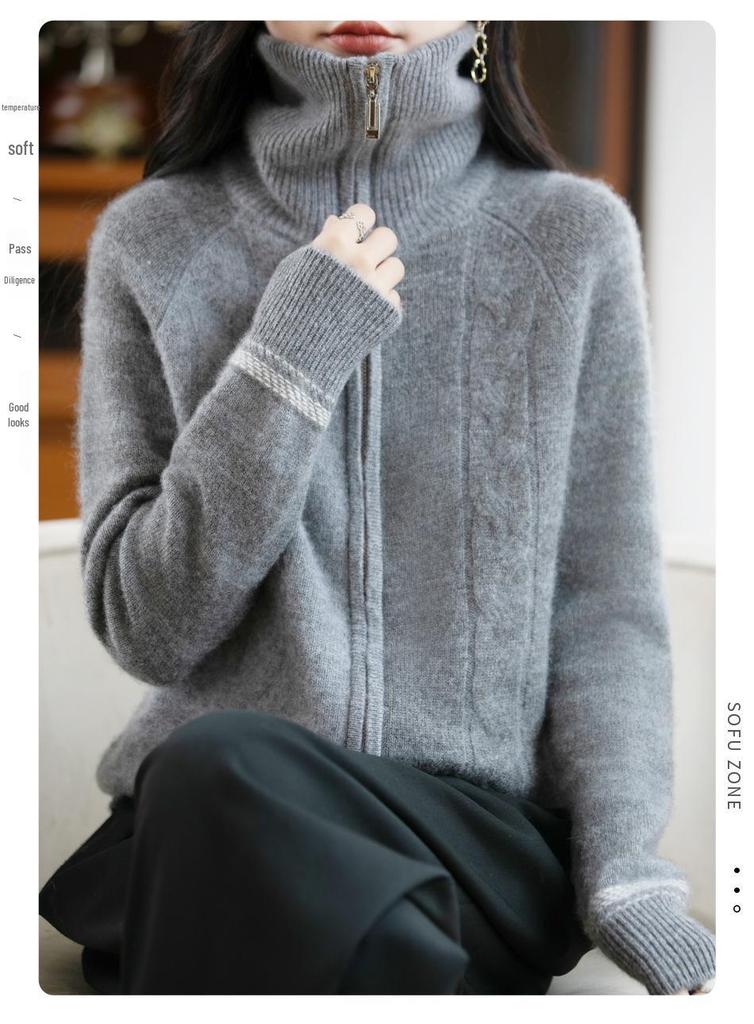 Women's High Neck Retro Cable Knit Cardigan Coat: Double Zipper, Color Block, Loose Fit, Raglan Sleeve, Thickened Knit for Autumn/Winter