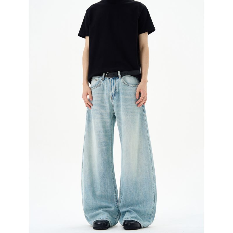 Kisko Simple Retro Washed Blue Cleanfit Jeans Unisex Basic Loose Straight Scimitar Pants