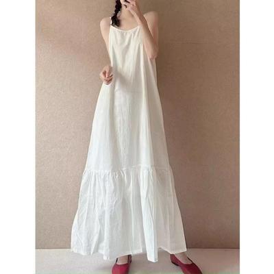 Cotton Linen White Casual Patchwork Strappy Dress Summer Elegant New Style Loose Fashion Long Dress