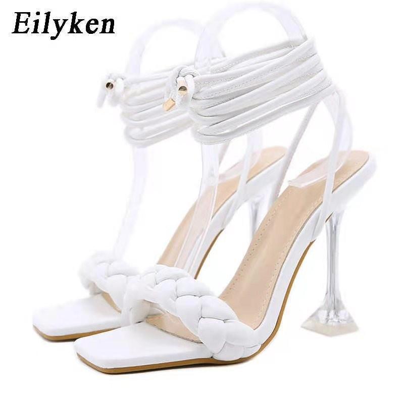 

Summer new large size sexy crystal heel high heel sandals woven strap sandals 35