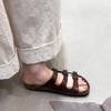 Retro belt buckle one-word slippers women's flat bottom versatile lazy person wearing shoes outside with one foot