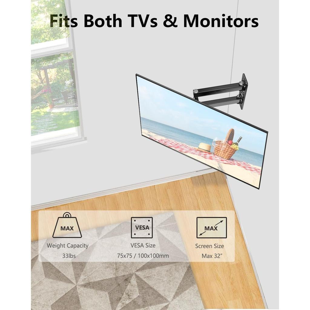 Nuyoah Full Motion TV Wall Mount Bracket for Most 13-32 Inch LED LCD Flat/Curved Screens - 360° Rotation, Smooth Swivel & Tilt